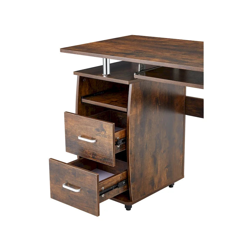 Traditional Curved Computer Desk with Keyboard Tray and Storage Shelves and Device Drawer for Small Home Office or Study Room
