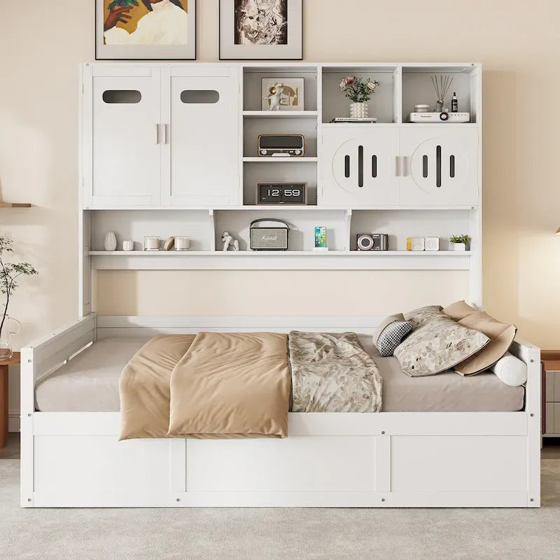 Full Size Wooden Daybed with Hydraulic Lift, All-in-One Cabinet & Shelf, White