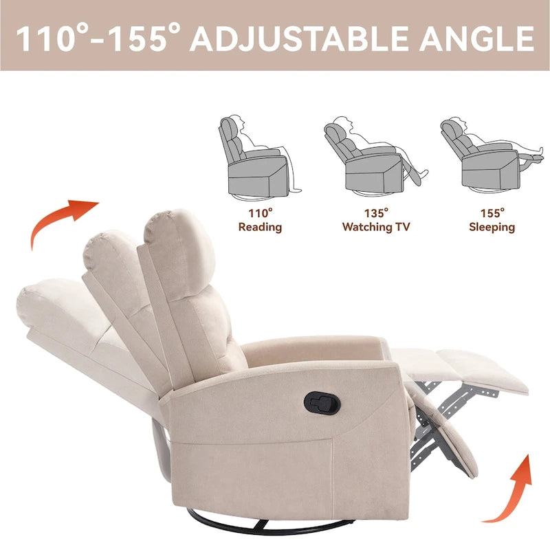 Manual Recliner Chair with Rocker and Swivel in Fabric for Living Room