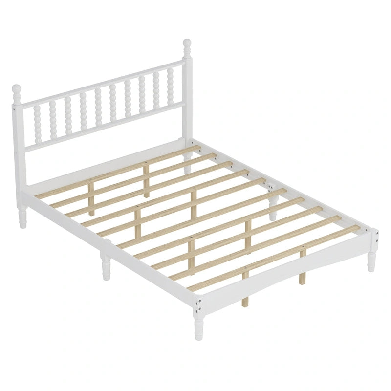 Queen Retro Platform Bed with Gourd-Shaped Headboard & Solid Wood Frame