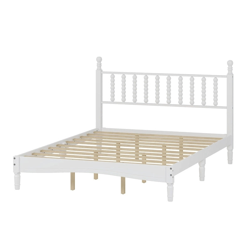 Queen Retro Platform Bed with Gourd-Shaped Headboard & Solid Wood Frame