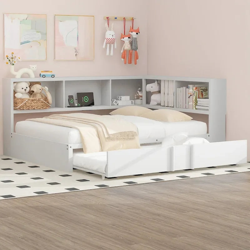 Metal Frame Daybed Full Size Sofa Bed with L-shape Storage Bookcase Guardrail, USB Ports and Trundle Bed, Low Profile Bed