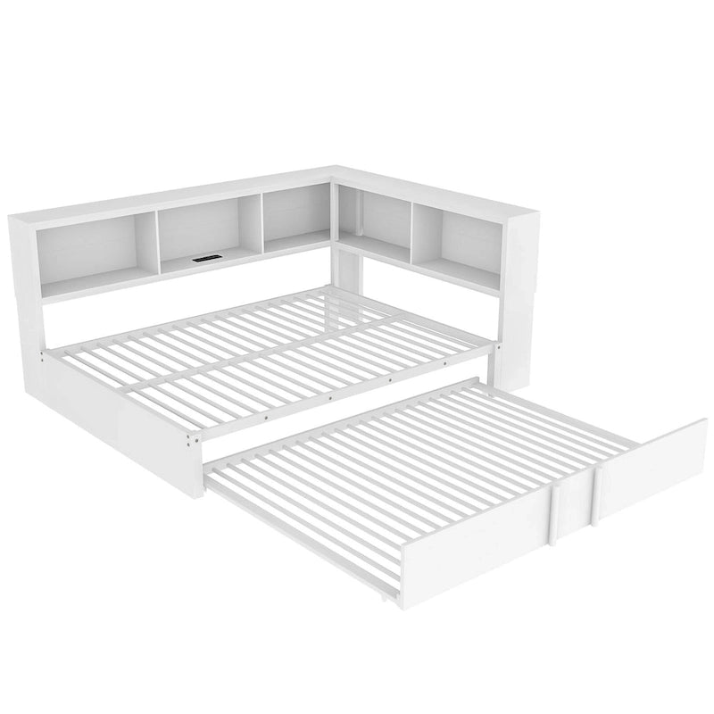 Metal Frame Daybed Full Size Sofa Bed with L-shape Storage Bookcase Guardrail, USB Ports and Trundle Bed, Low Profile Bed