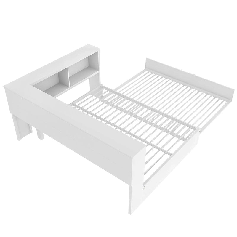 Metal Frame Daybed Full Size Sofa Bed with L-shape Storage Bookcase Guardrail, USB Ports and Trundle Bed, Low Profile Bed
