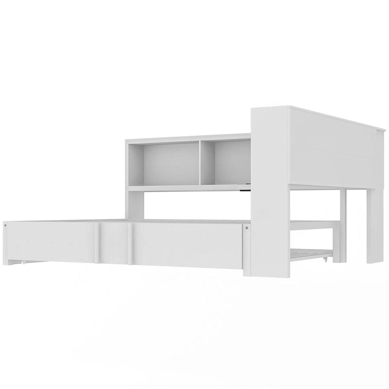 Metal Frame Daybed Full Size Sofa Bed with L-shape Storage Bookcase Guardrail, USB Ports and Trundle Bed, Low Profile Bed