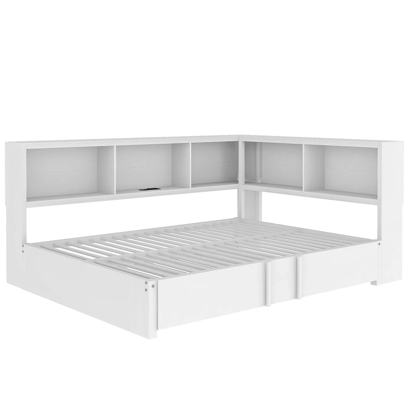 Metal Frame Daybed Full Size Sofa Bed with L-shape Storage Bookcase Guardrail, USB Ports and Trundle Bed, Low Profile Bed