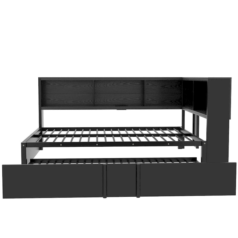 Metal Frame Daybed Full Size Sofa Bed with L-shape Storage Bookcase Guardrail, USB Ports and Trundle Bed, Low Profile Bed