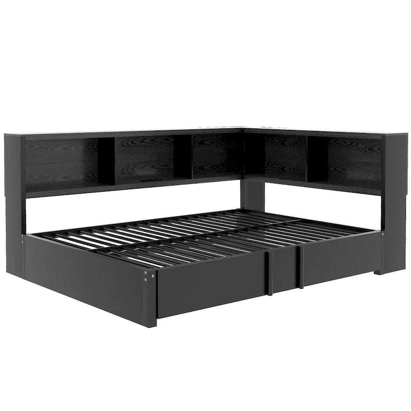 Metal Frame Daybed Full Size Sofa Bed with L-shape Storage Bookcase Guardrail, USB Ports and Trundle Bed, Low Profile Bed
