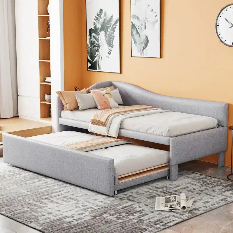 Twin-Size L-Shaped Upholstered Daybed With Pop-Up Trundle