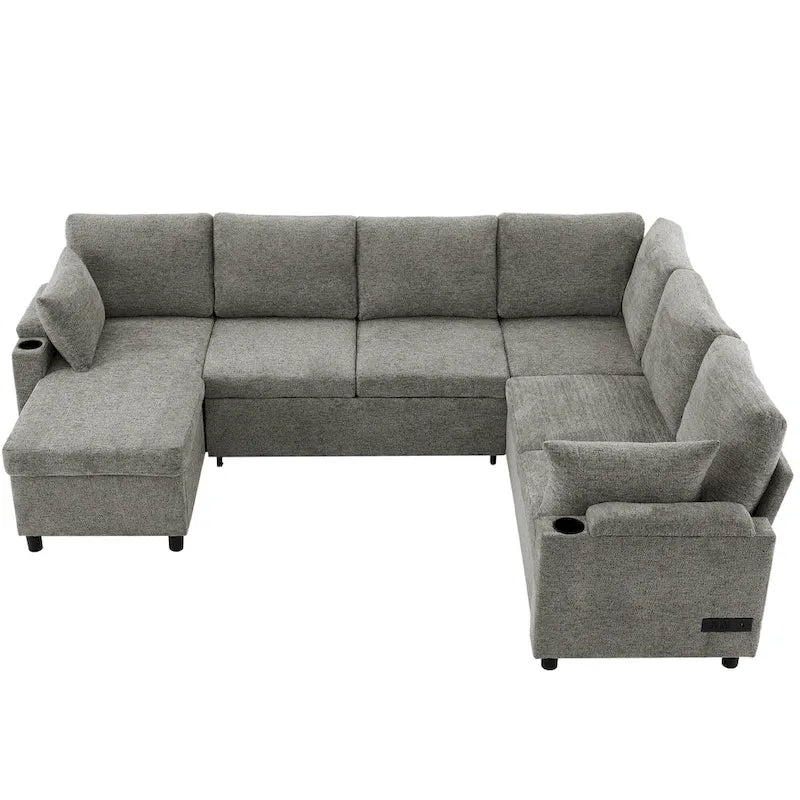 U-shaped Sofa, Chenille Sectional Sofa with 2 Cup Holders and Charging Ports Livingroom Sleeper Recliner Sofa Couch
