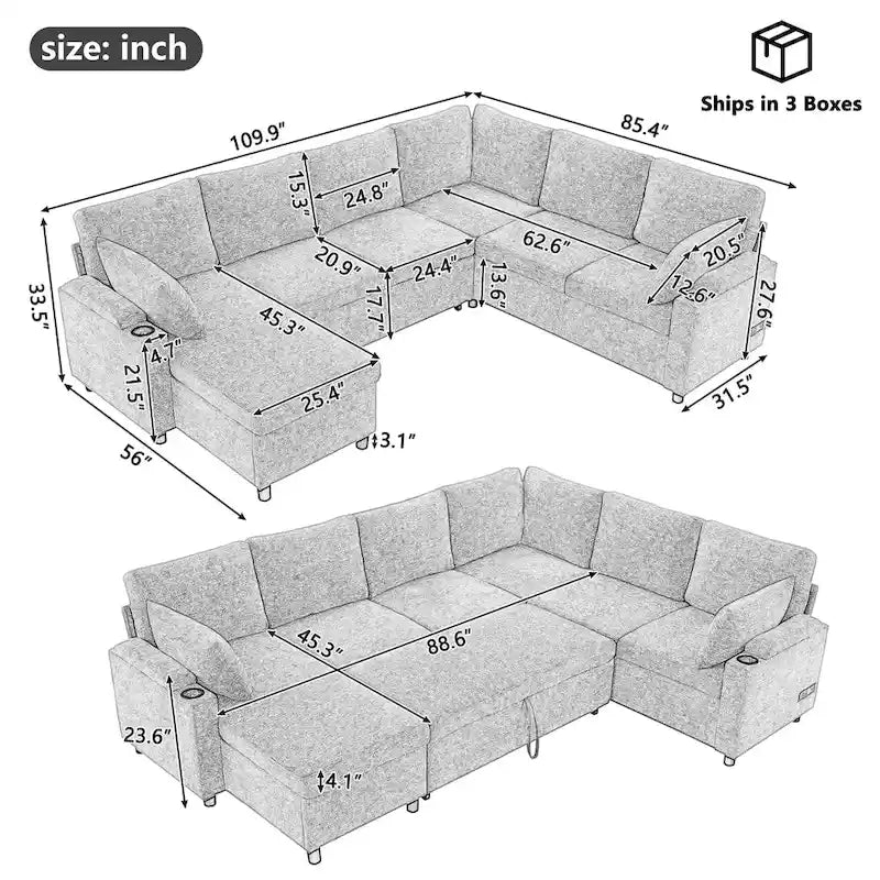 U-shaped Sofa, Chenille Sectional Sofa with 2 Cup Holders and Charging Ports Livingroom Sleeper Recliner Sofa Couch