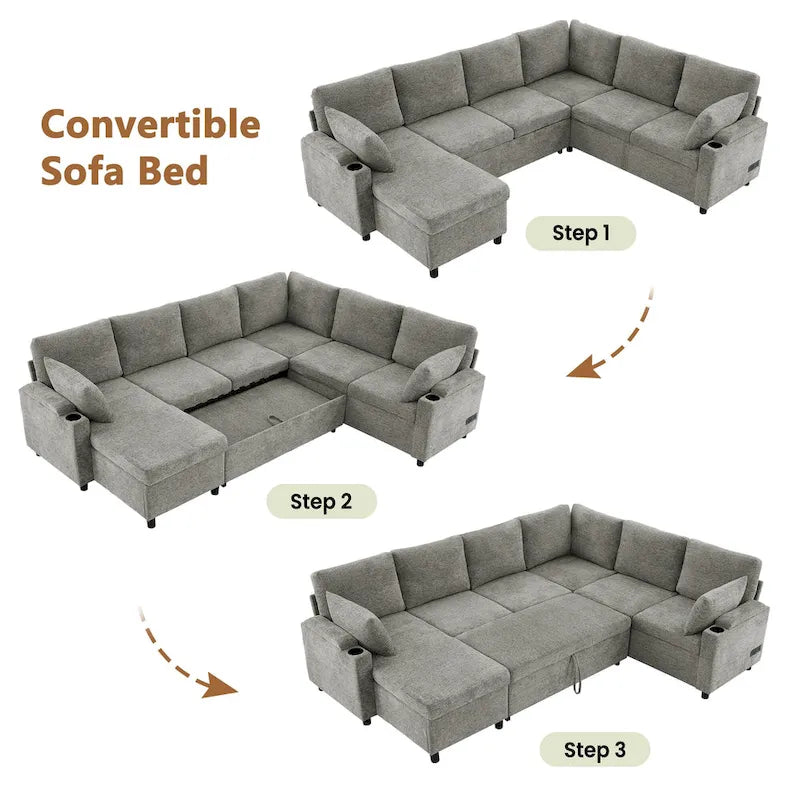 U-shaped Sofa, Chenille Sectional Sofa with 2 Cup Holders and Charging Ports Livingroom Sleeper Recliner Sofa Couch