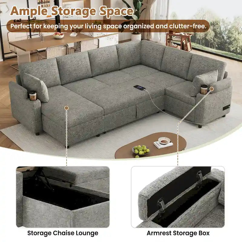 U-shaped Sofa, Chenille Sectional Sofa with 2 Cup Holders and Charging Ports Livingroom Sleeper Recliner Sofa Couch