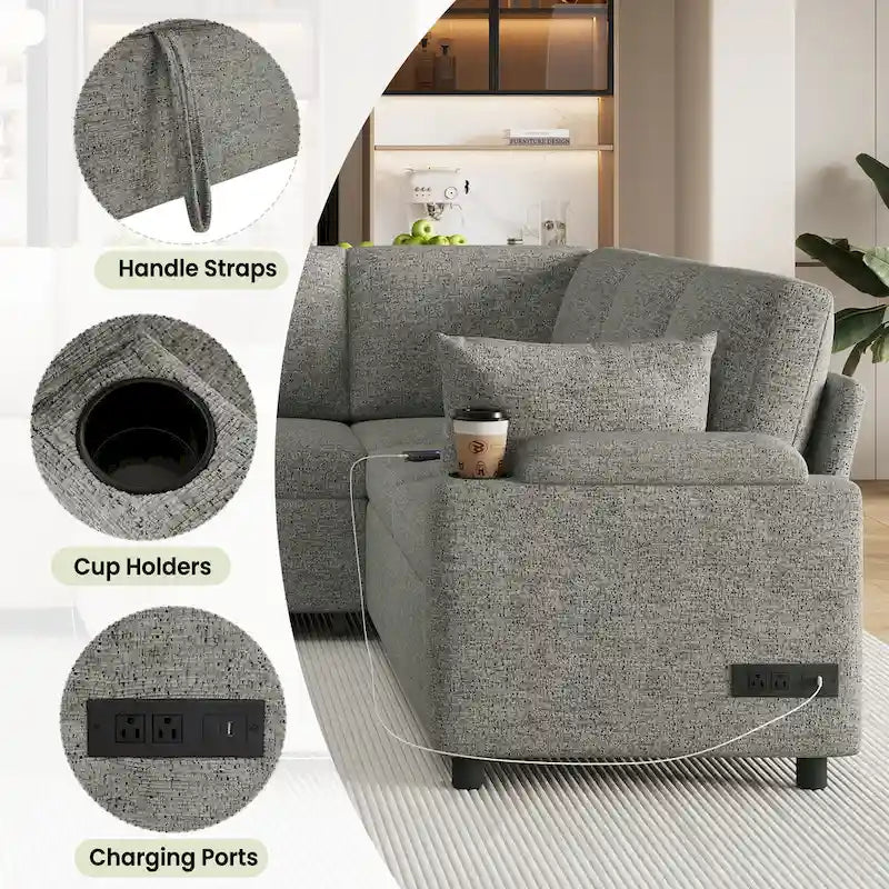 U-shaped Sofa, Chenille Sectional Sofa with 2 Cup Holders and Charging Ports Livingroom Sleeper Recliner Sofa Couch