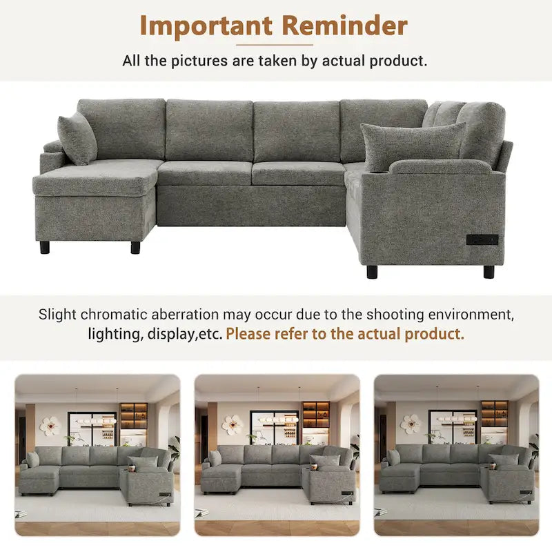 U-shaped Sofa, Chenille Sectional Sofa with 2 Cup Holders and Charging Ports Livingroom Sleeper Recliner Sofa Couch