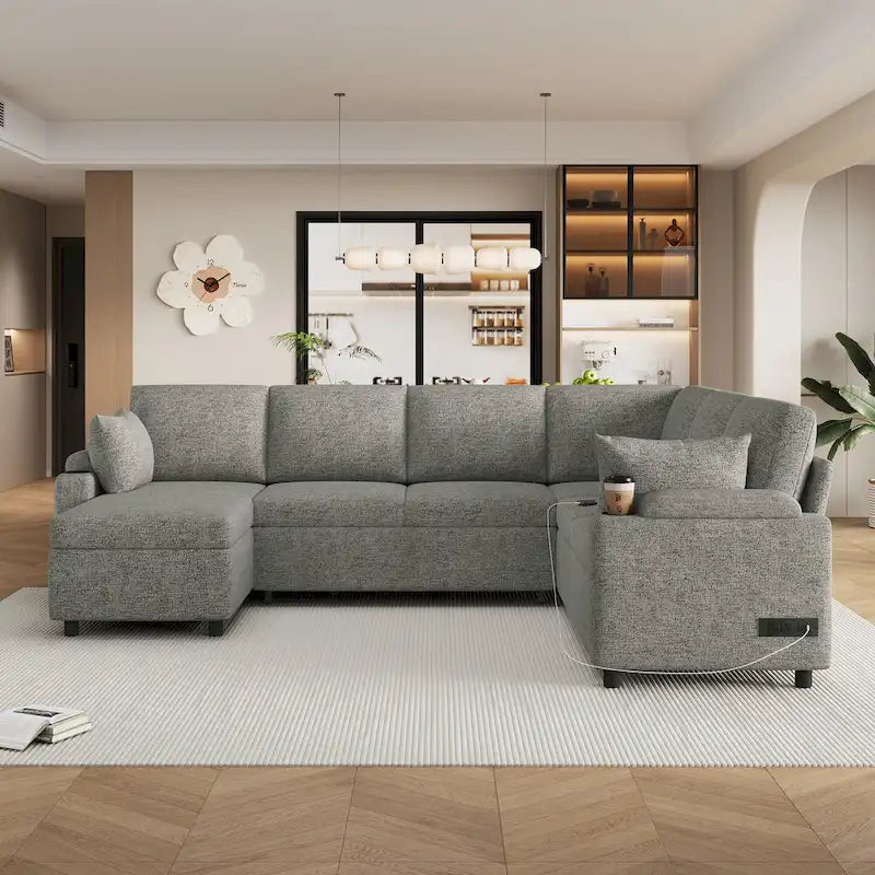 U-shaped Sofa, Chenille Sectional Sofa with 2 Cup Holders and Charging Ports Livingroom Sleeper Recliner Sofa Couch