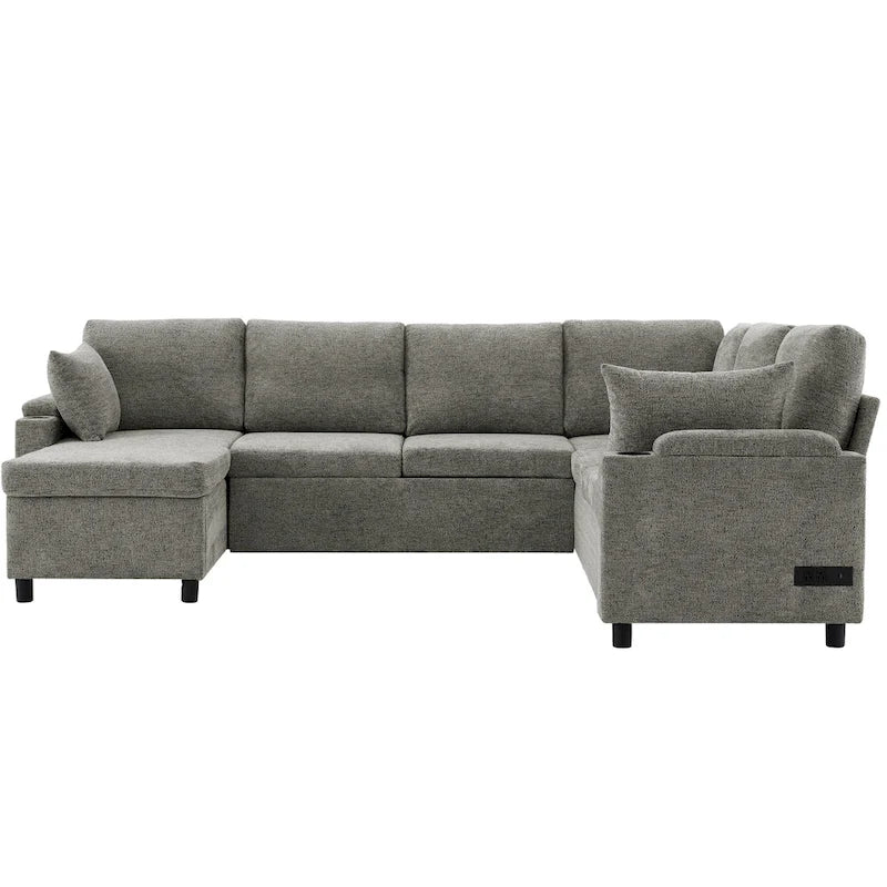 U-shaped Sofa, Chenille Sectional Sofa with 2 Cup Holders and Charging Ports Livingroom Sleeper Recliner Sofa Couch
