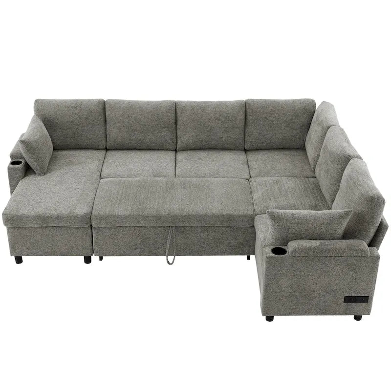 U-shaped Sofa, Chenille Sectional Sofa with 2 Cup Holders and Charging Ports Livingroom Sleeper Recliner Sofa Couch