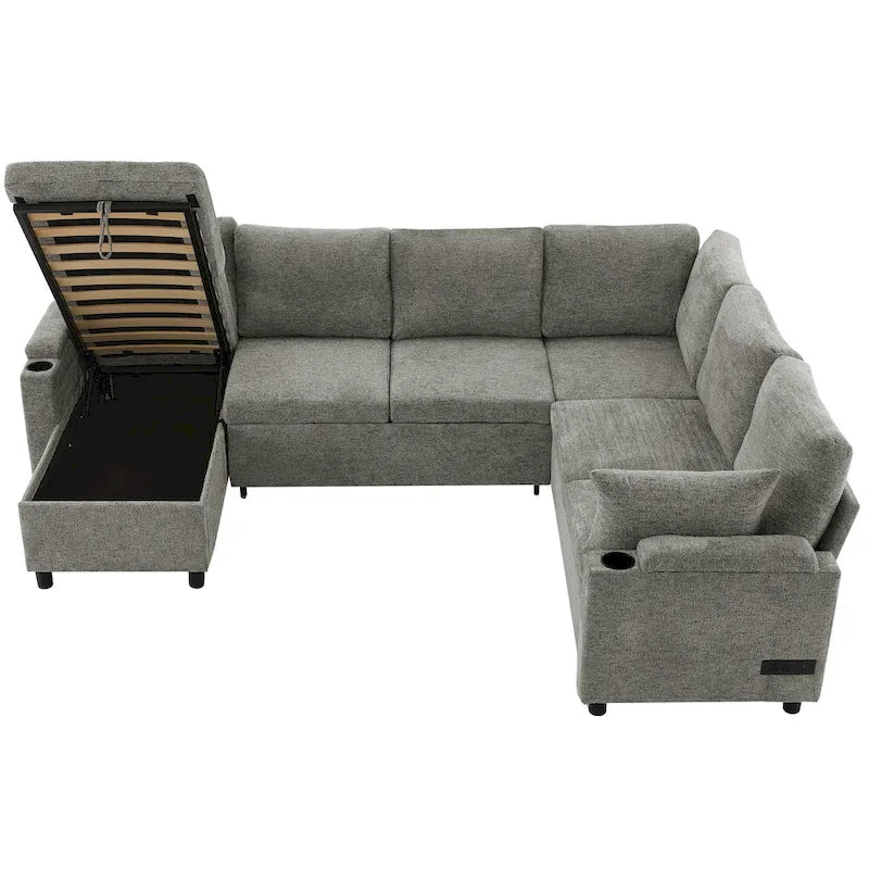 U-shaped Sofa, Chenille Sectional Sofa with 2 Cup Holders and Charging Ports Livingroom Sleeper Recliner Sofa Couch