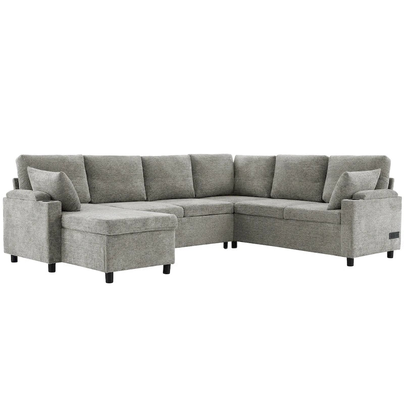 U-shaped Sofa, Chenille Sectional Sofa with 2 Cup Holders and Charging Ports Livingroom Sleeper Recliner Sofa Couch