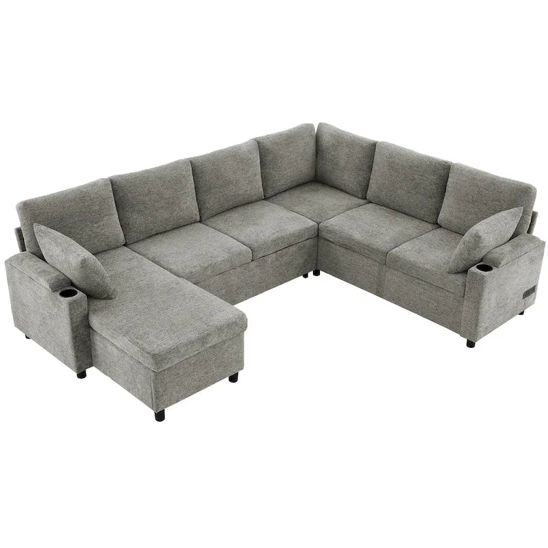 U-shaped Sofa, Chenille Sectional Sofa with 2 Cup Holders and Charging Ports Livingroom Sleeper Recliner Sofa Couch