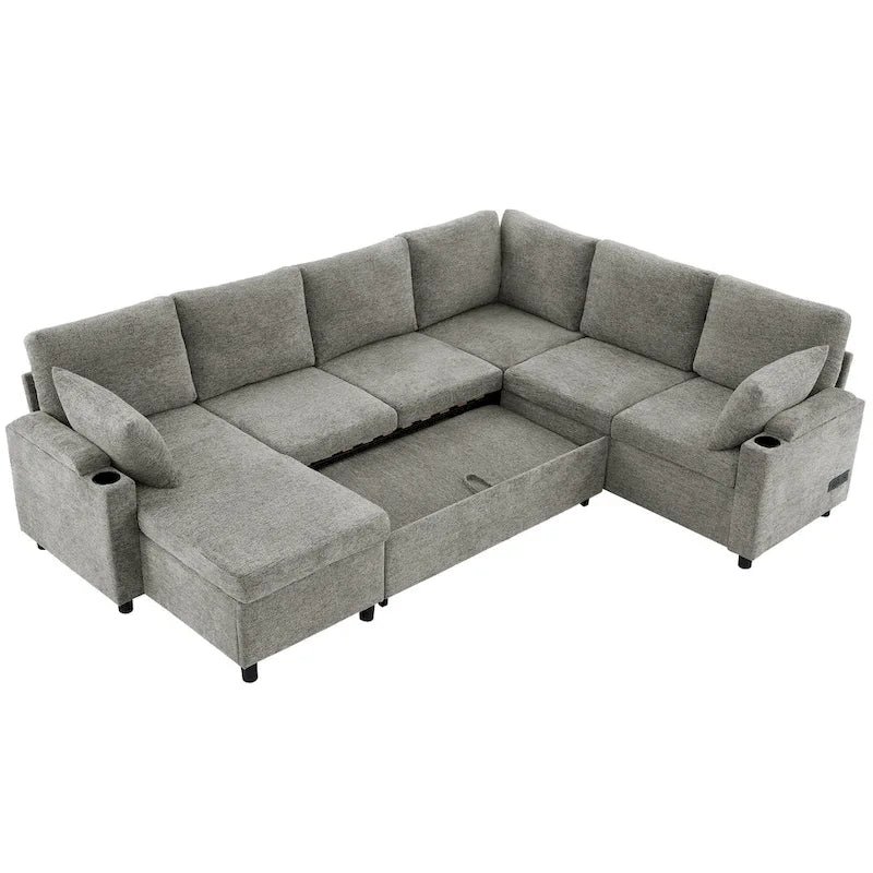 U-shaped Sofa, Chenille Sectional Sofa with 2 Cup Holders and Charging Ports Livingroom Sleeper Recliner Sofa Couch
