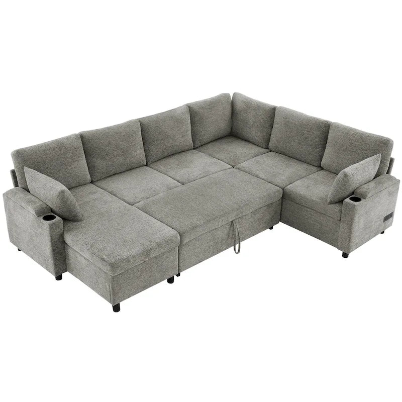 U-shaped Sofa, Chenille Sectional Sofa with 2 Cup Holders and Charging Ports Livingroom Sleeper Recliner Sofa Couch