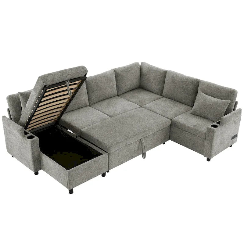 U-shaped Sofa, Chenille Sectional Sofa with 2 Cup Holders and Charging Ports Livingroom Sleeper Recliner Sofa Couch