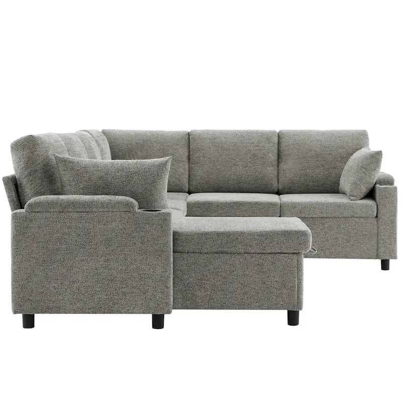 U-shaped Sofa, Chenille Sectional Sofa with 2 Cup Holders and Charging Ports Livingroom Sleeper Recliner Sofa Couch