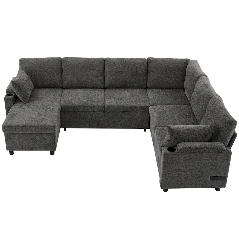U-shaped Sofa, Chenille Sectional Sofa with 2 Cup Holders and Charging Ports Livingroom Sleeper Recliner Sofa Couch