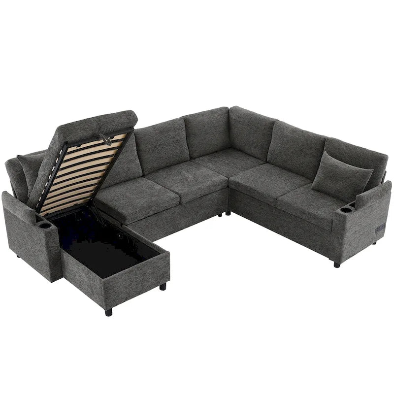 U-shaped Sofa, Chenille Sectional Sofa with 2 Cup Holders and Charging Ports Livingroom Sleeper Recliner Sofa Couch