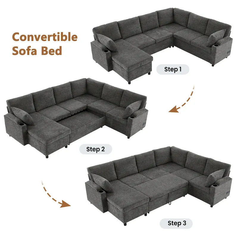 U-shaped Sofa, Chenille Sectional Sofa with 2 Cup Holders and Charging Ports Livingroom Sleeper Recliner Sofa Couch