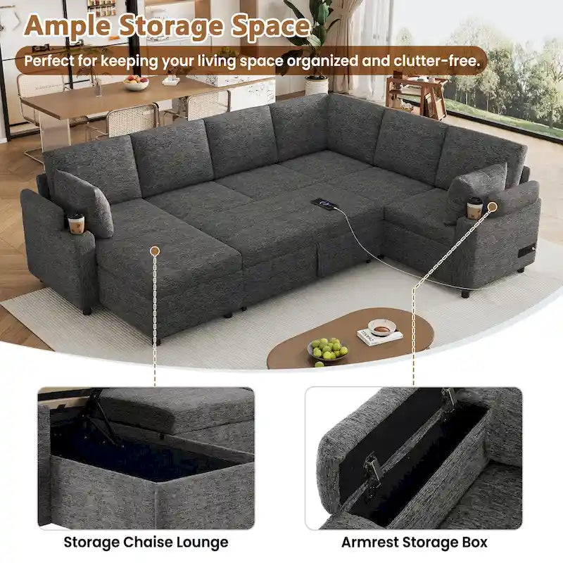 U-shaped Sofa, Chenille Sectional Sofa with 2 Cup Holders and Charging Ports Livingroom Sleeper Recliner Sofa Couch