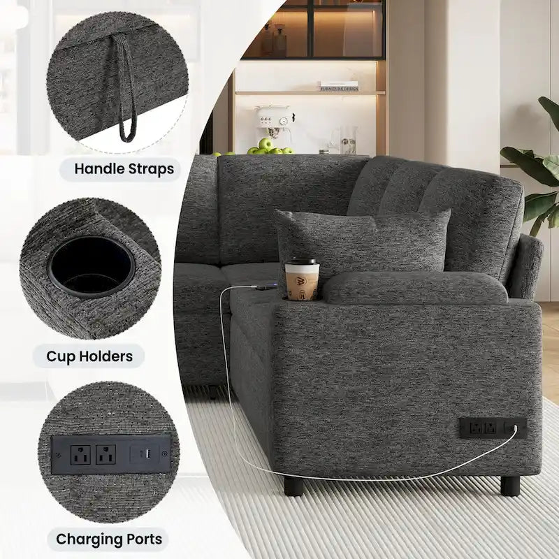U-shaped Sofa, Chenille Sectional Sofa with 2 Cup Holders and Charging Ports Livingroom Sleeper Recliner Sofa Couch
