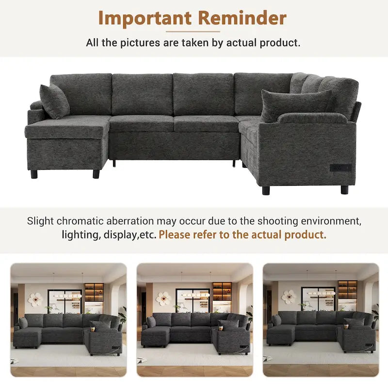 U-shaped Sofa, Chenille Sectional Sofa with 2 Cup Holders and Charging Ports Livingroom Sleeper Recliner Sofa Couch