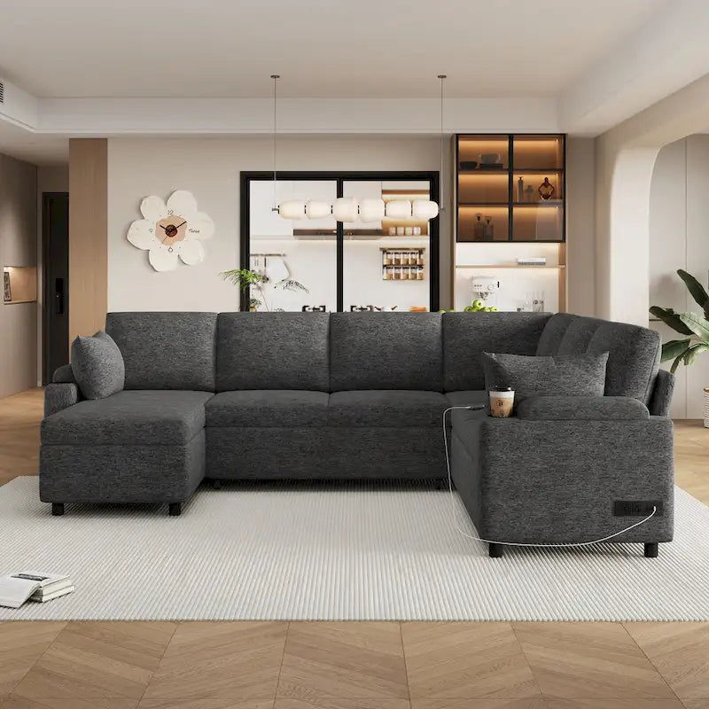 U-shaped Sofa, Chenille Sectional Sofa with 2 Cup Holders and Charging Ports Livingroom Sleeper Recliner Sofa Couch