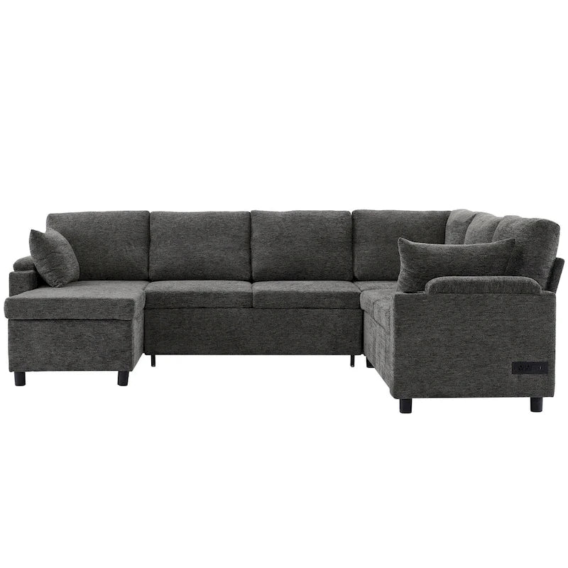 U-shaped Sofa, Chenille Sectional Sofa with 2 Cup Holders and Charging Ports Livingroom Sleeper Recliner Sofa Couch