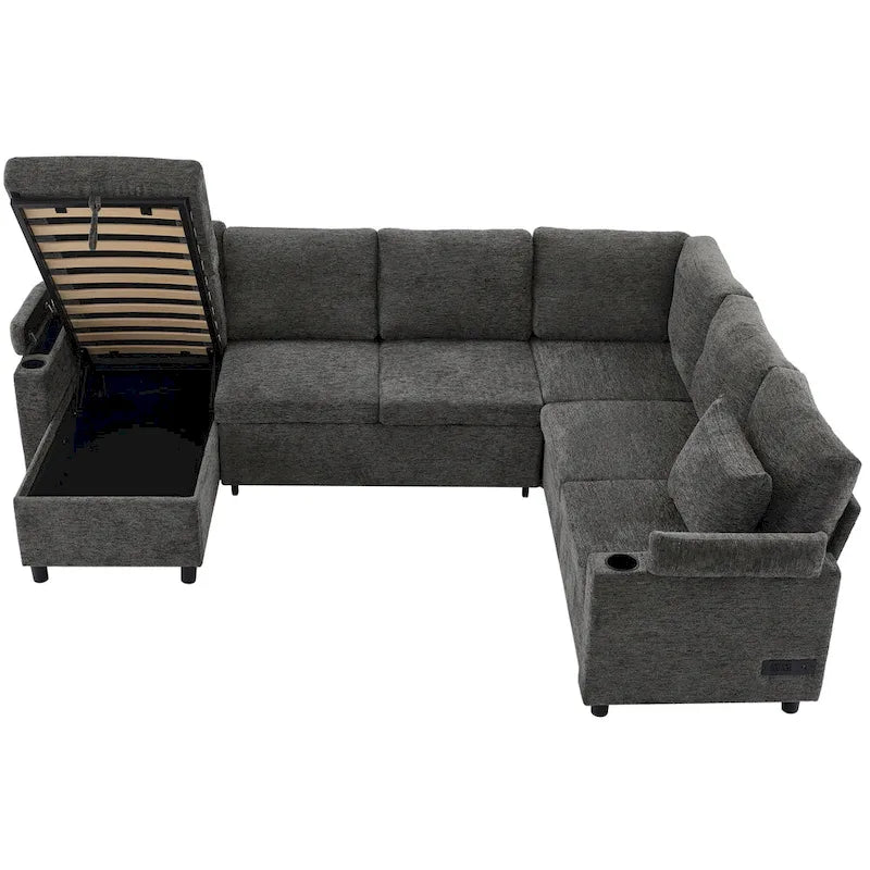 U-shaped Sofa, Chenille Sectional Sofa with 2 Cup Holders and Charging Ports Livingroom Sleeper Recliner Sofa Couch