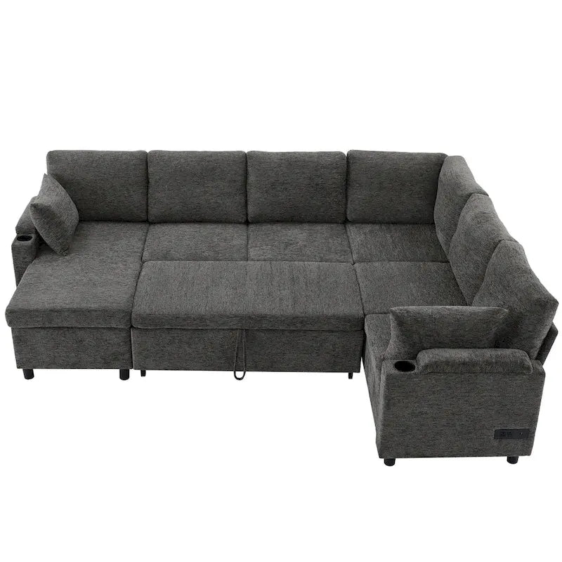 U-shaped Sofa, Chenille Sectional Sofa with 2 Cup Holders and Charging Ports Livingroom Sleeper Recliner Sofa Couch