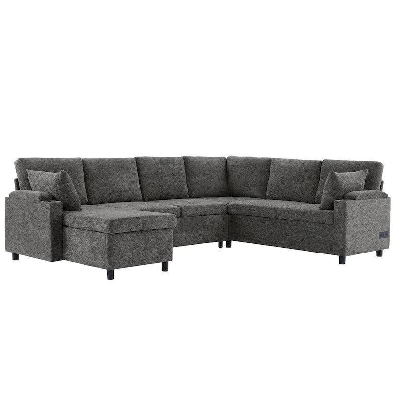 U-shaped Sofa, Chenille Sectional Sofa with 2 Cup Holders and Charging Ports Livingroom Sleeper Recliner Sofa Couch