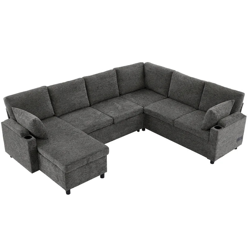 U-shaped Sofa, Chenille Sectional Sofa with 2 Cup Holders and Charging Ports Livingroom Sleeper Recliner Sofa Couch