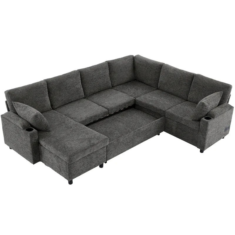 U-shaped Sofa, Chenille Sectional Sofa with 2 Cup Holders and Charging Ports Livingroom Sleeper Recliner Sofa Couch