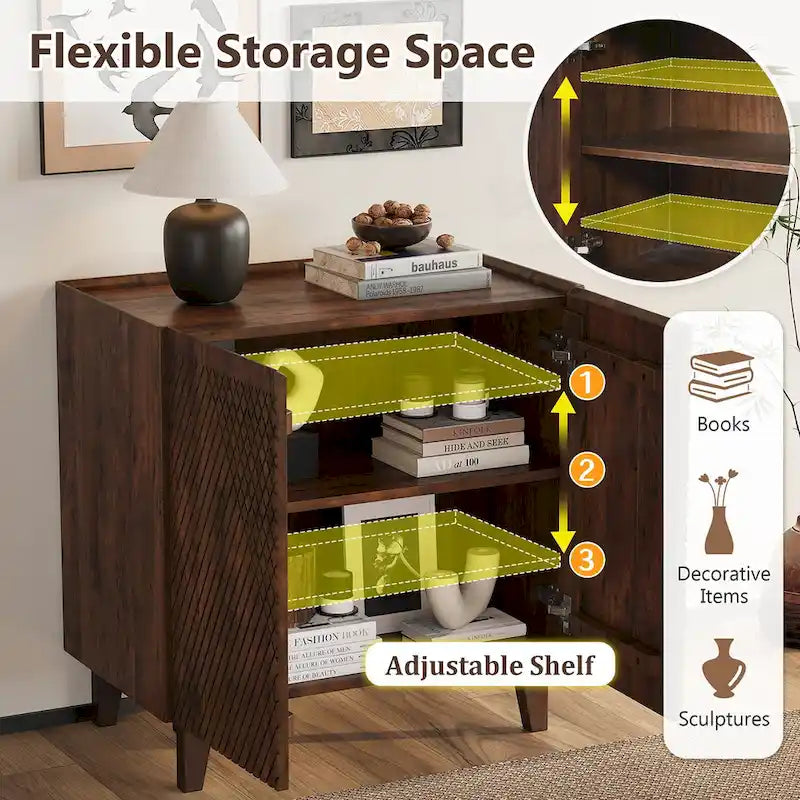 Rustic Wood Accent Cabinet,Fluted Design,Adjustable Shelf,Storage