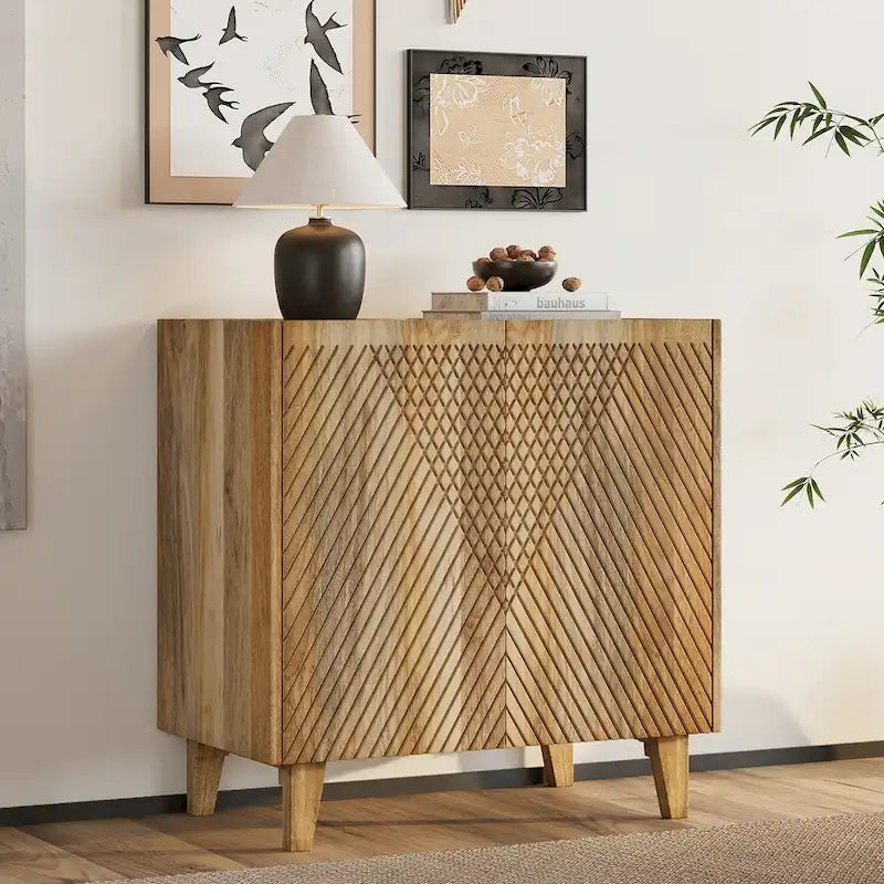 Rustic Wood Accent Cabinet,Fluted Design,Adjustable Shelf,Storage