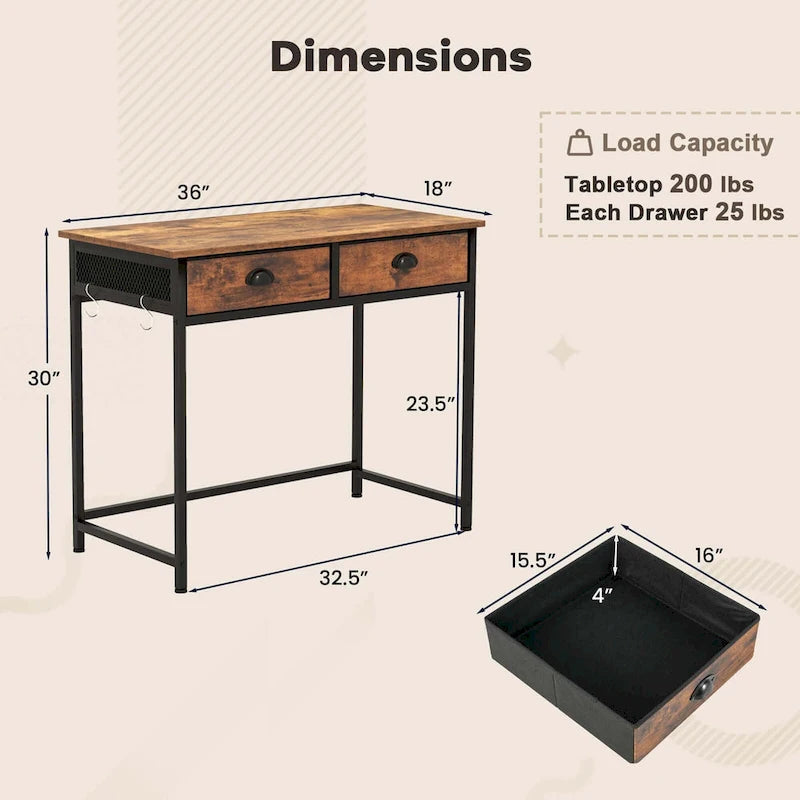 Costway Space Saving Home Computer Desk with 2 Fabric Drawers 4 - See Details