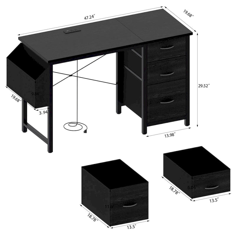 47 Office Desk, Modern Reversible Study Writing Desk Workstation With Hutch, 3 Drawers, Power Outlets And Side Pockets
