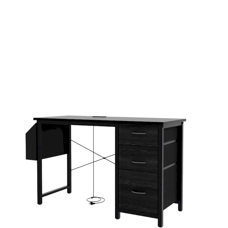 47 Office Desk, Modern Reversible Study Writing Desk Workstation With Hutch, 3 Drawers, Power Outlets And Side Pockets