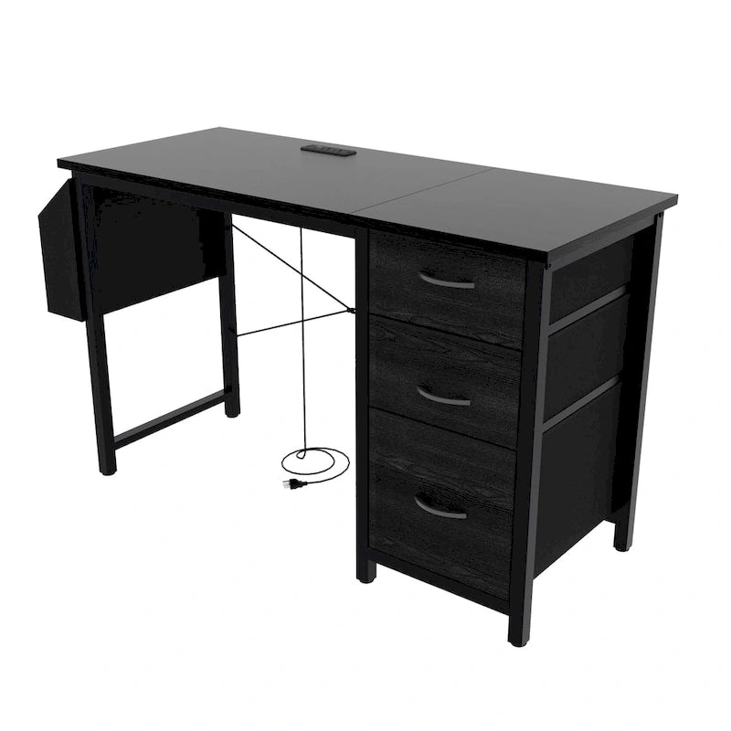 47 Office Desk, Modern Reversible Study Writing Desk Workstation With Hutch, 3 Drawers, Power Outlets And Side Pockets