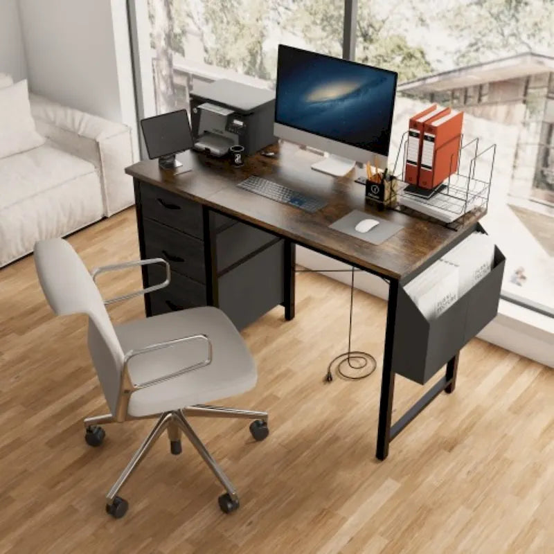 47 Office Desk, Modern Reversible Study Writing Desk Workstation With Hutch, 3 Drawers, Power Outlets And Side Pockets