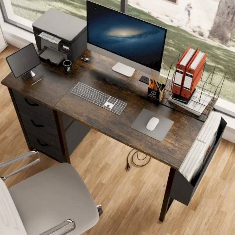 47 Office Desk, Modern Reversible Study Writing Desk Workstation With Hutch, 3 Drawers, Power Outlets And Side Pockets